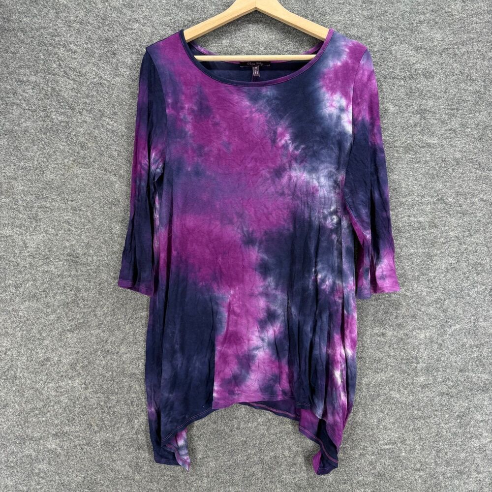Olivia Sky Tunic Top Women M Medium Blue Colorblock 3/4 Sleeve Rayon Round Neck